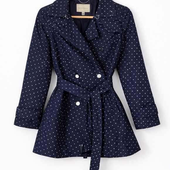 Banana Republic Navy Polka Dot Trench Coat Small Great Condition Preppy Classic - Picture 11 of 11